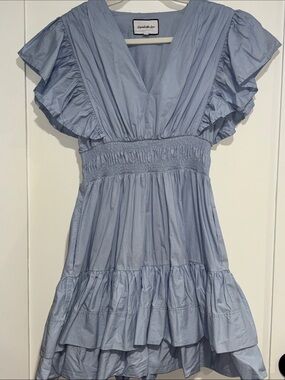 Smocked Waist Light Blue V-Neck Ruffle Mini Dress